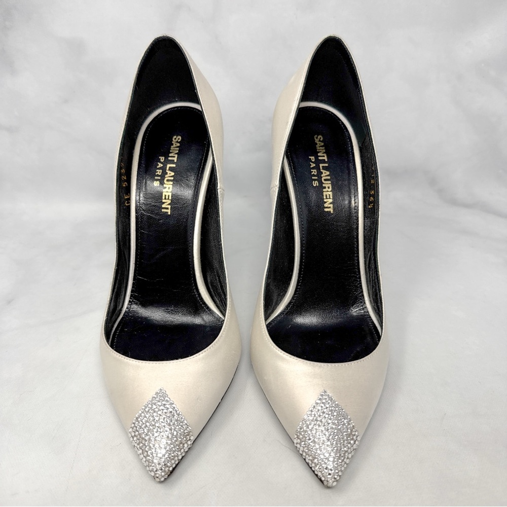 Saint Laurent Tower 110 Strass Embellished Silk Satin Pointed Toe Pump Heel 36.5